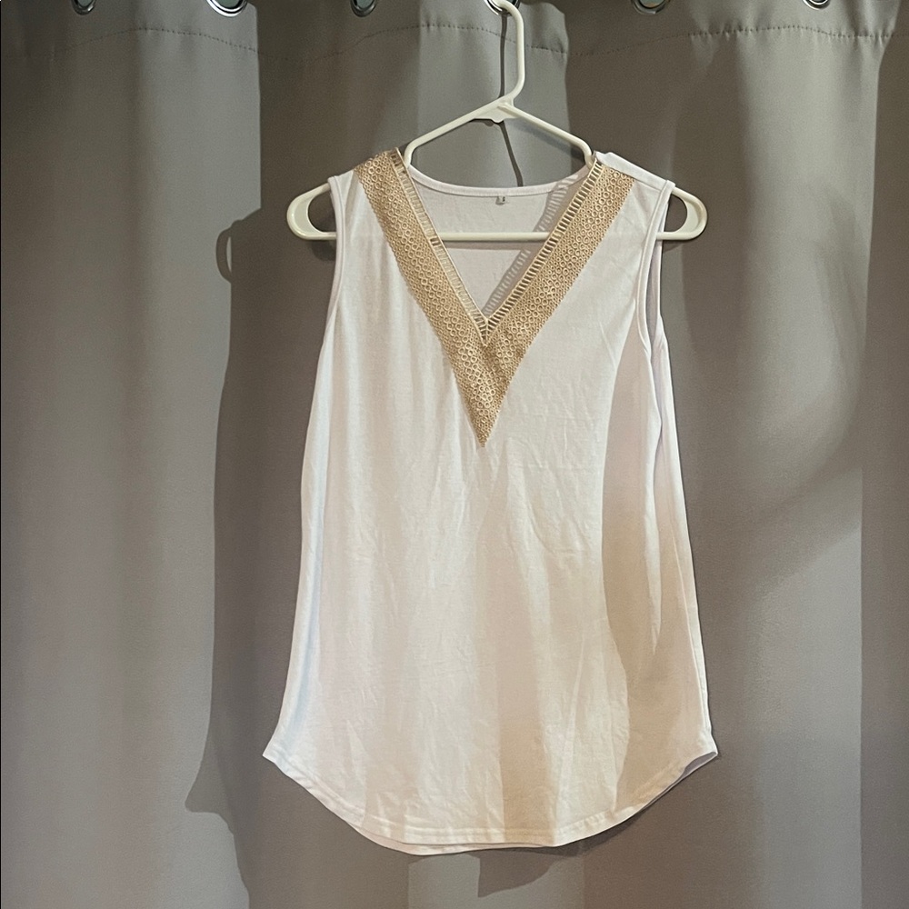 Elegant White Sleeveless Top with Tan Accents